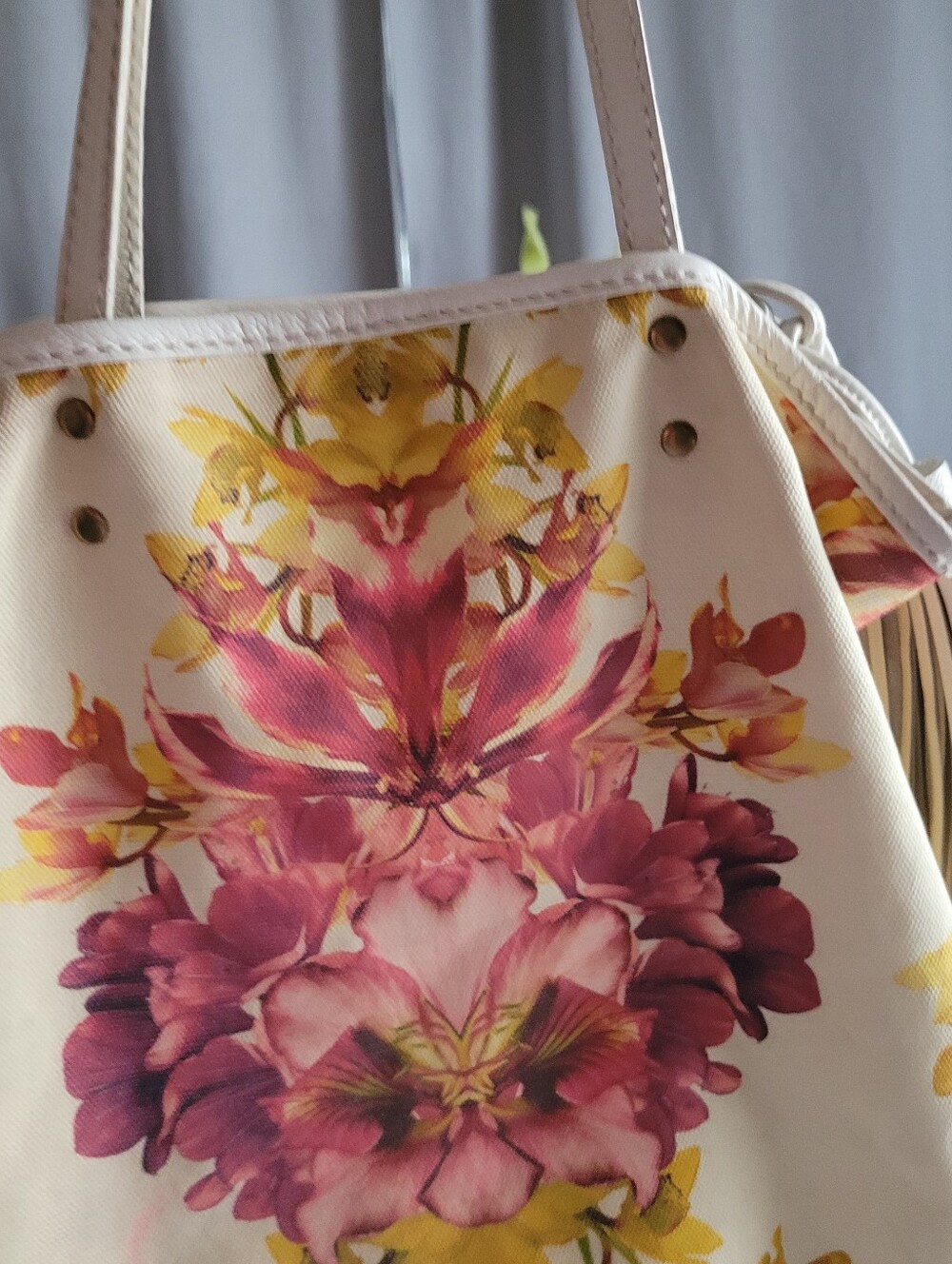 White Floral Tote Bag with Pink and Yellow Bloom Print